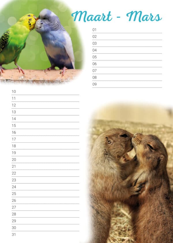 verjaardagskalender 'Animals in Love' Maart