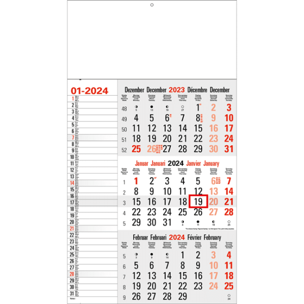 Maandkalender 3-maand Memo grijs 2024