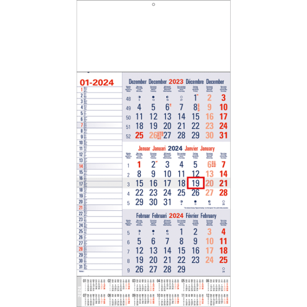 Maandkalender 3-maand met jaaroverzicht 2024