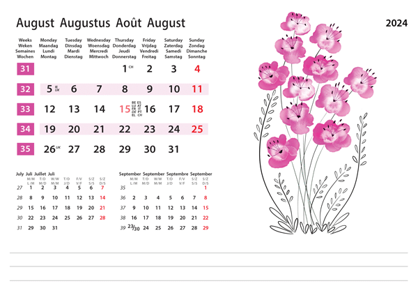 Kantoorkalender Flower Art 2024 - Augustus