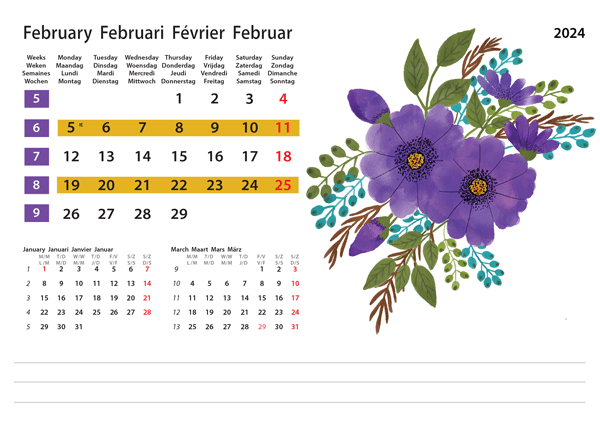 Kantoorkalender Flower Art 2024 Februari