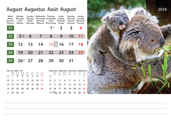Kantoorkalender Wildlife 2024 - Augustus