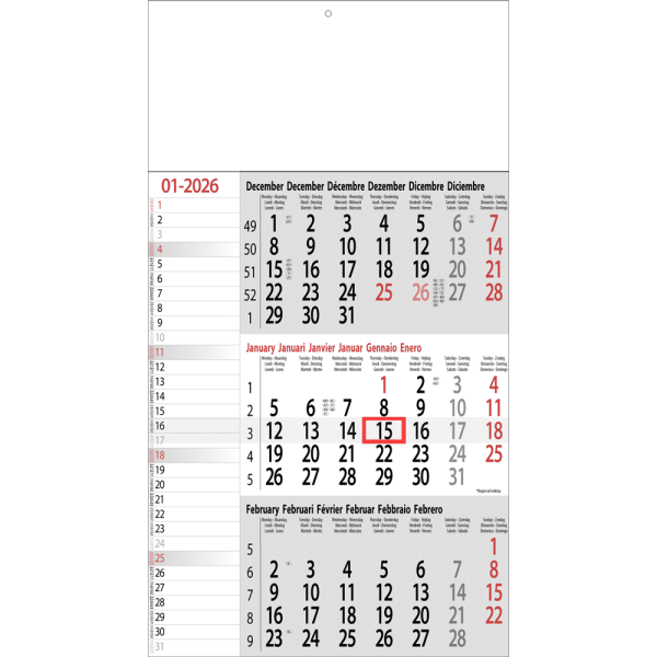 Maandkalender 3-maand Memo 2026 grijs