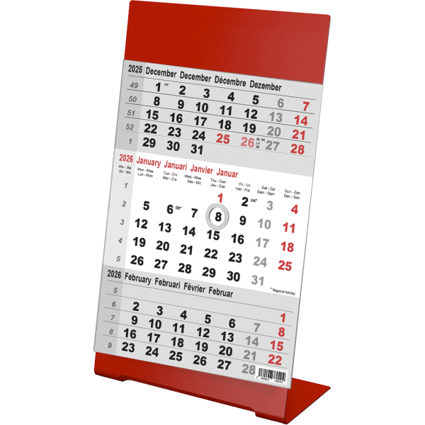 Kantoorkalender 3-maand Color rood 2026