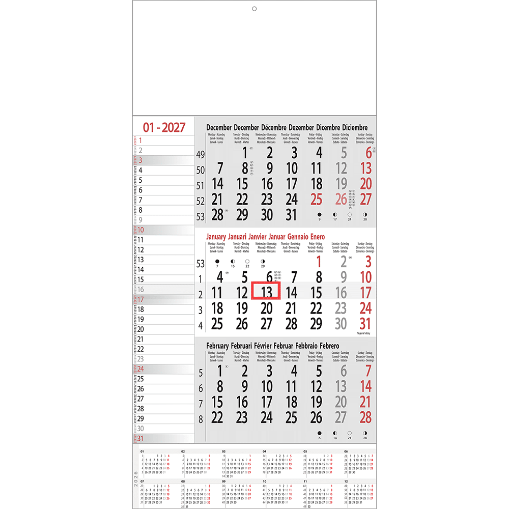 3-maandkalender Memo 2027 met jaaroverzicht