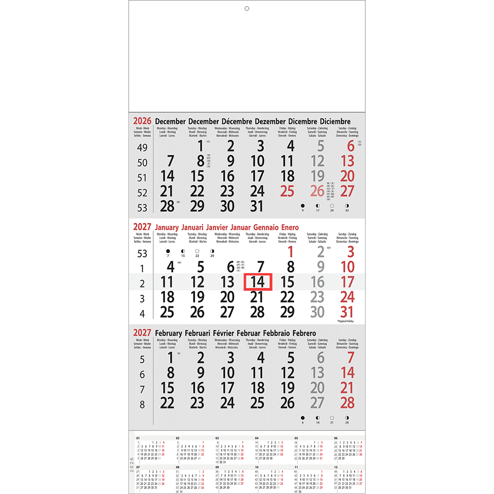 3-maandkalender 2027 met jaaroverzicht